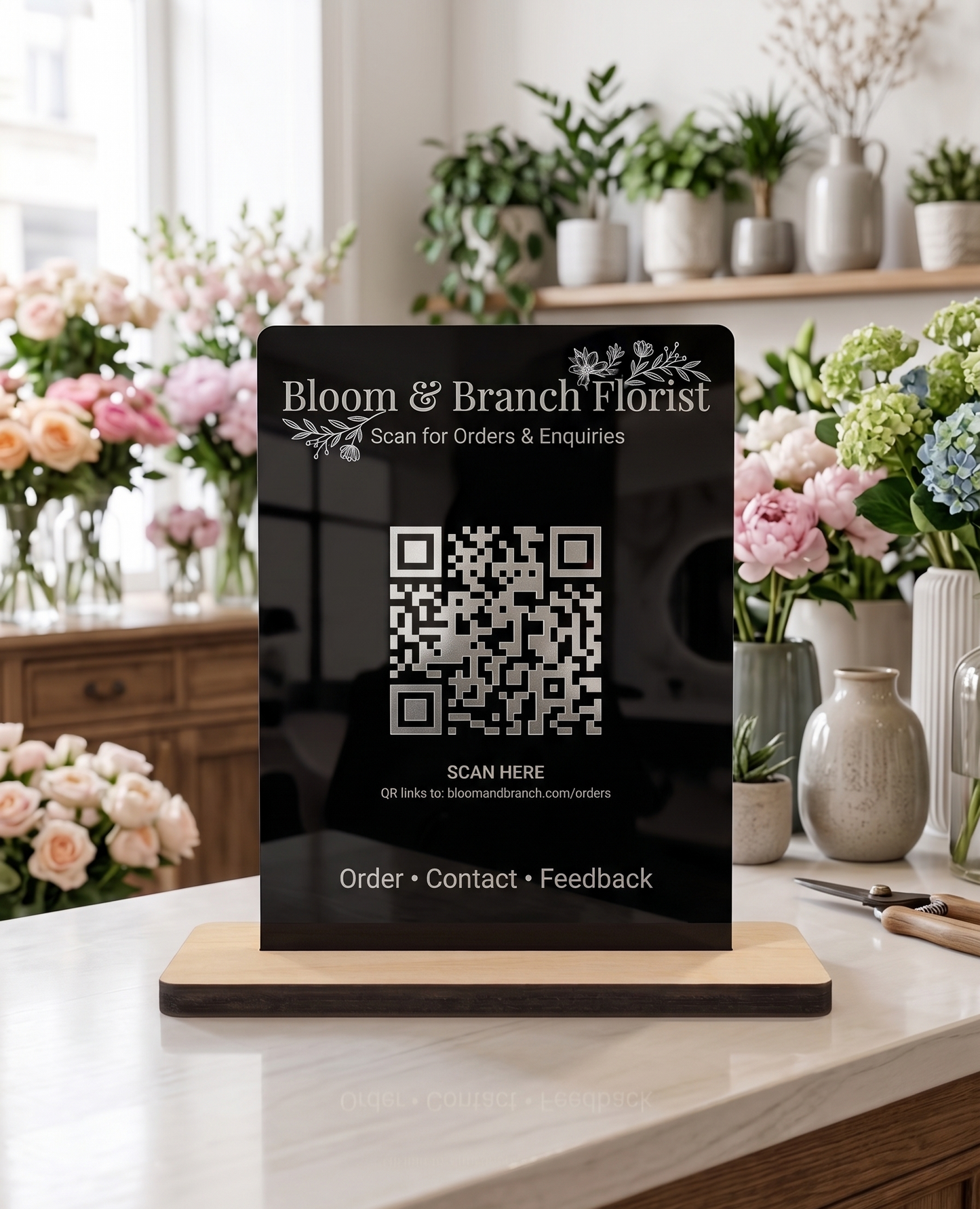 Custom Business QR Code Sign | Acrylic & Timber Display Stand for Cafés, Salons, Florists, Offices & Small Businesses