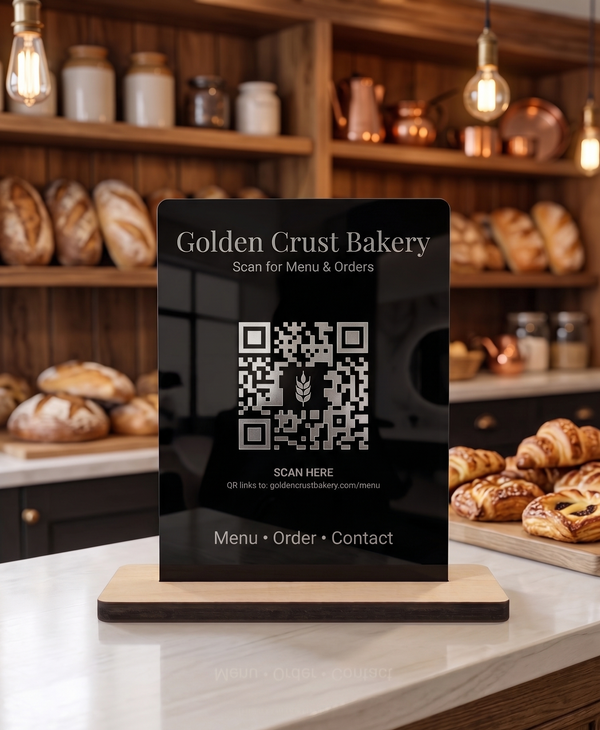 Custom Business QR Code Sign | Acrylic & Timber Display Stand for Cafés, Salons, Florists, Offices & Small Businesses