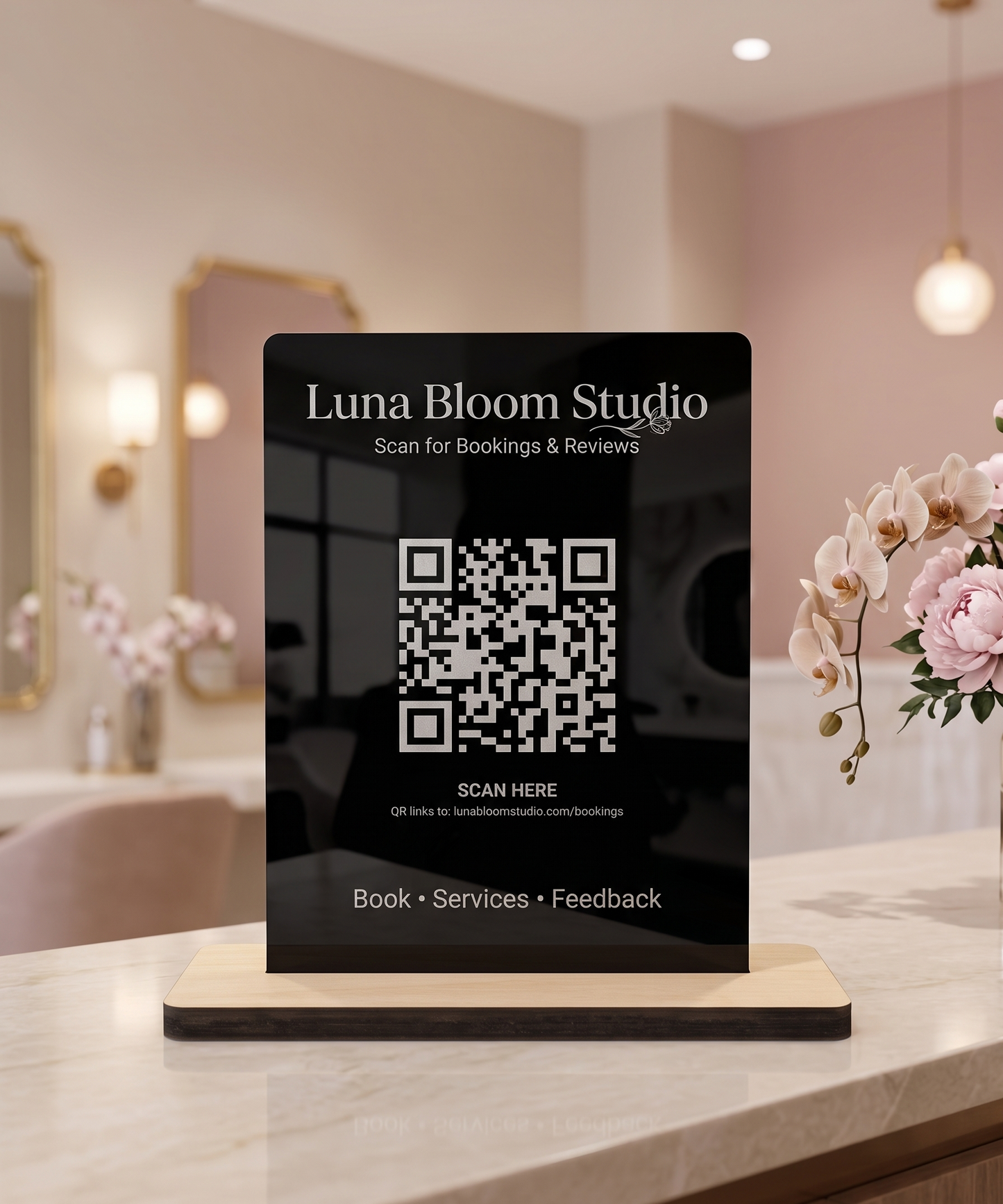 Custom Business QR Code Sign | Acrylic & Timber Display Stand for Cafés, Salons, Florists, Offices & Small Businesses