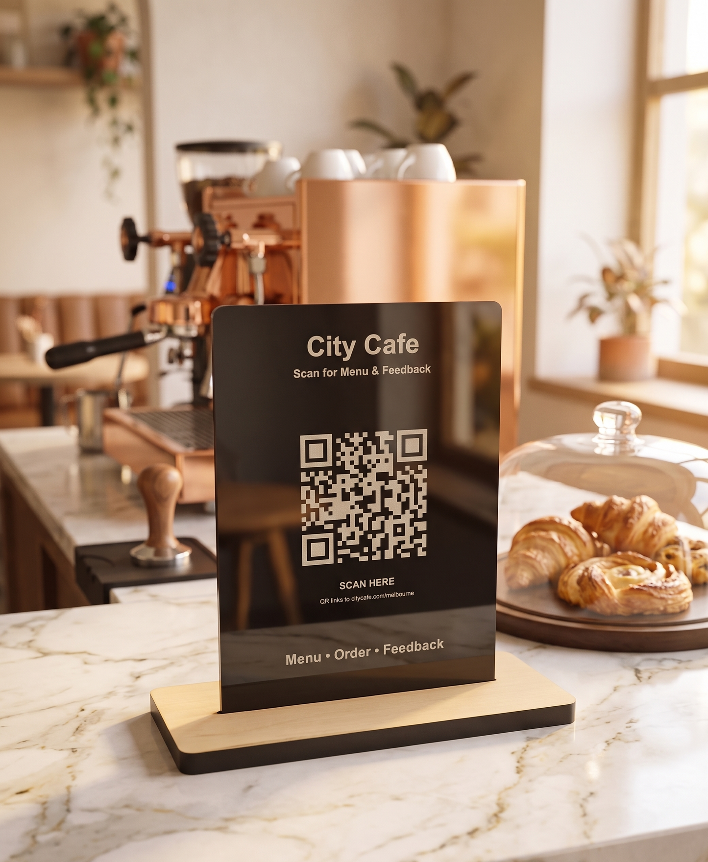 Custom Business QR Code Sign | Acrylic & Timber Display Stand for Cafés, Salons, Florists, Offices & Small Businesses