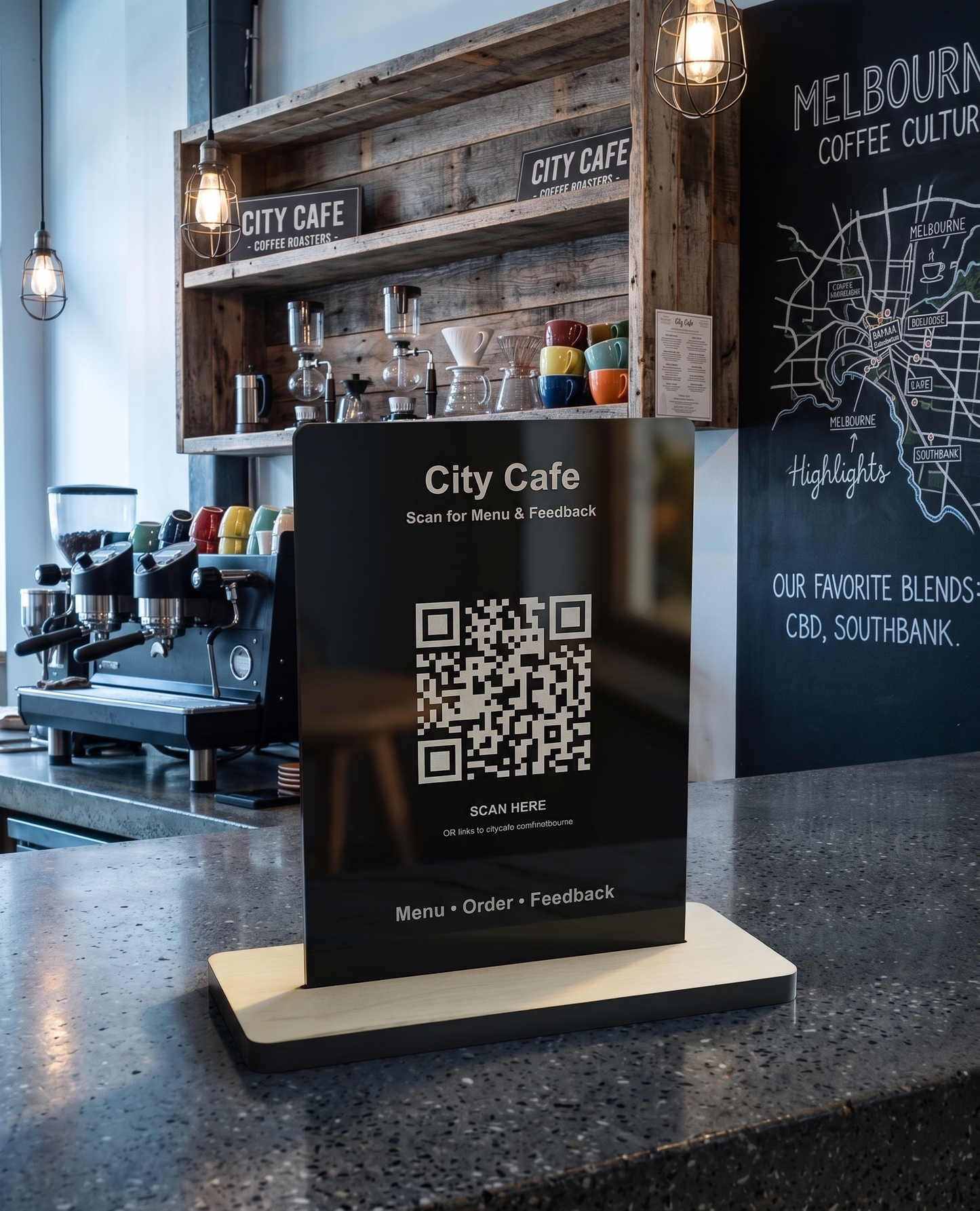 Custom Business QR Code Sign | Acrylic & Timber Display Stand for Cafés, Salons, Florists, Offices & Small Businesses