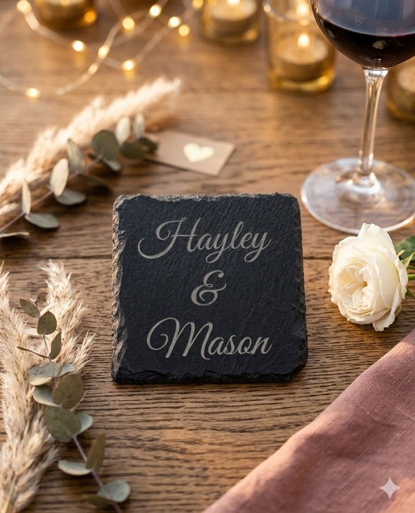 Personalised Slate Coasters (4-pack) | Custom Engraved Stone Coasters for Weddings, Homes, Cafés & Gifts