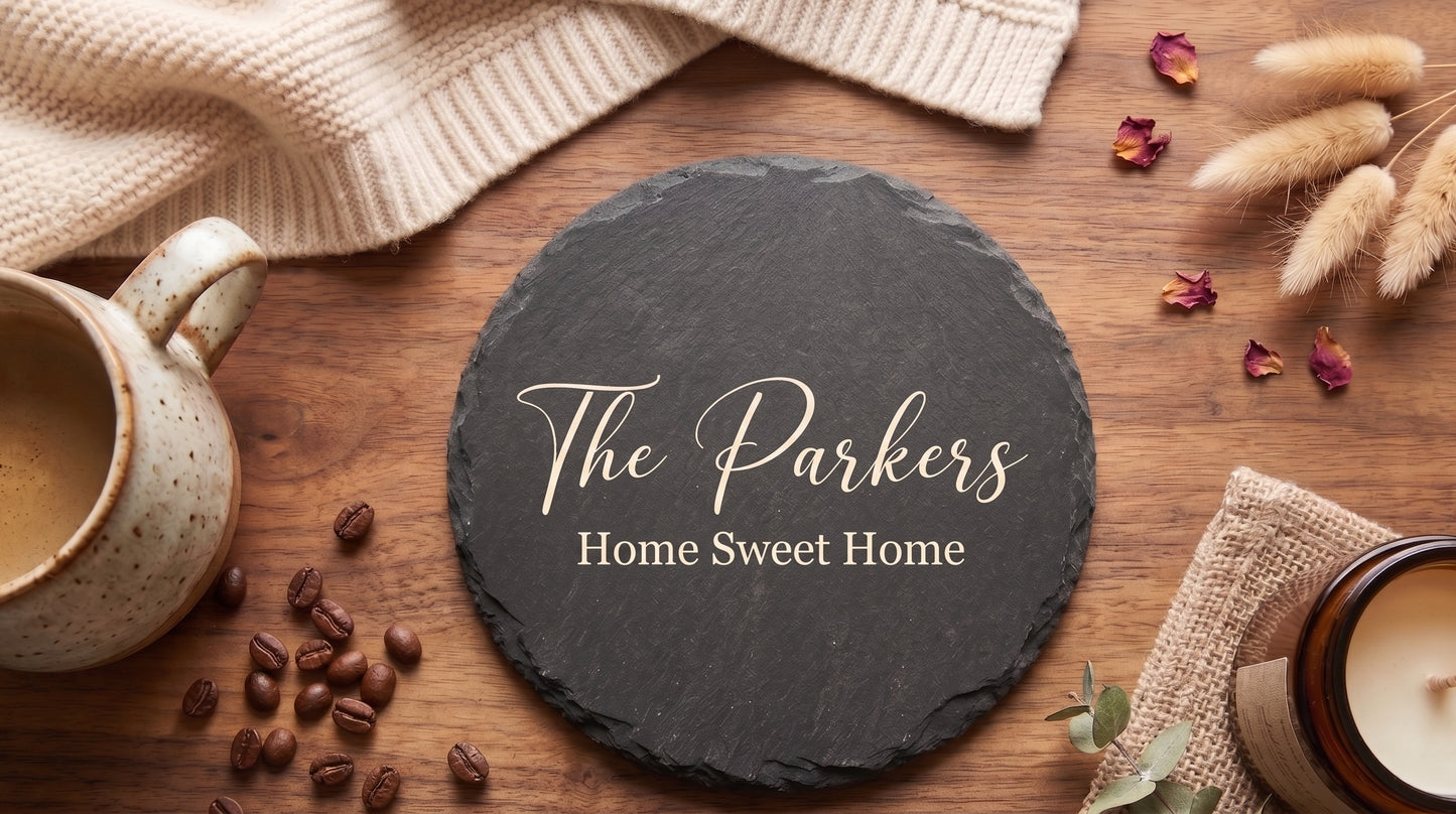 Personalised Slate Coasters (4-pack) | Custom Engraved Stone Coasters for Weddings, Homes, Cafés & Gifts