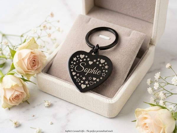 Personalised Heart-shaped Black Keychain | Custom Engraved Stainless Steel Heart Keyring for Mum, Couples, Best Friends & Gifts