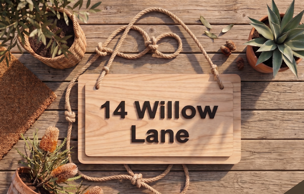 Personalised Wooden House Sign | Double Layer Birch Plywood & Acrylic Address Sign with Jute Rope