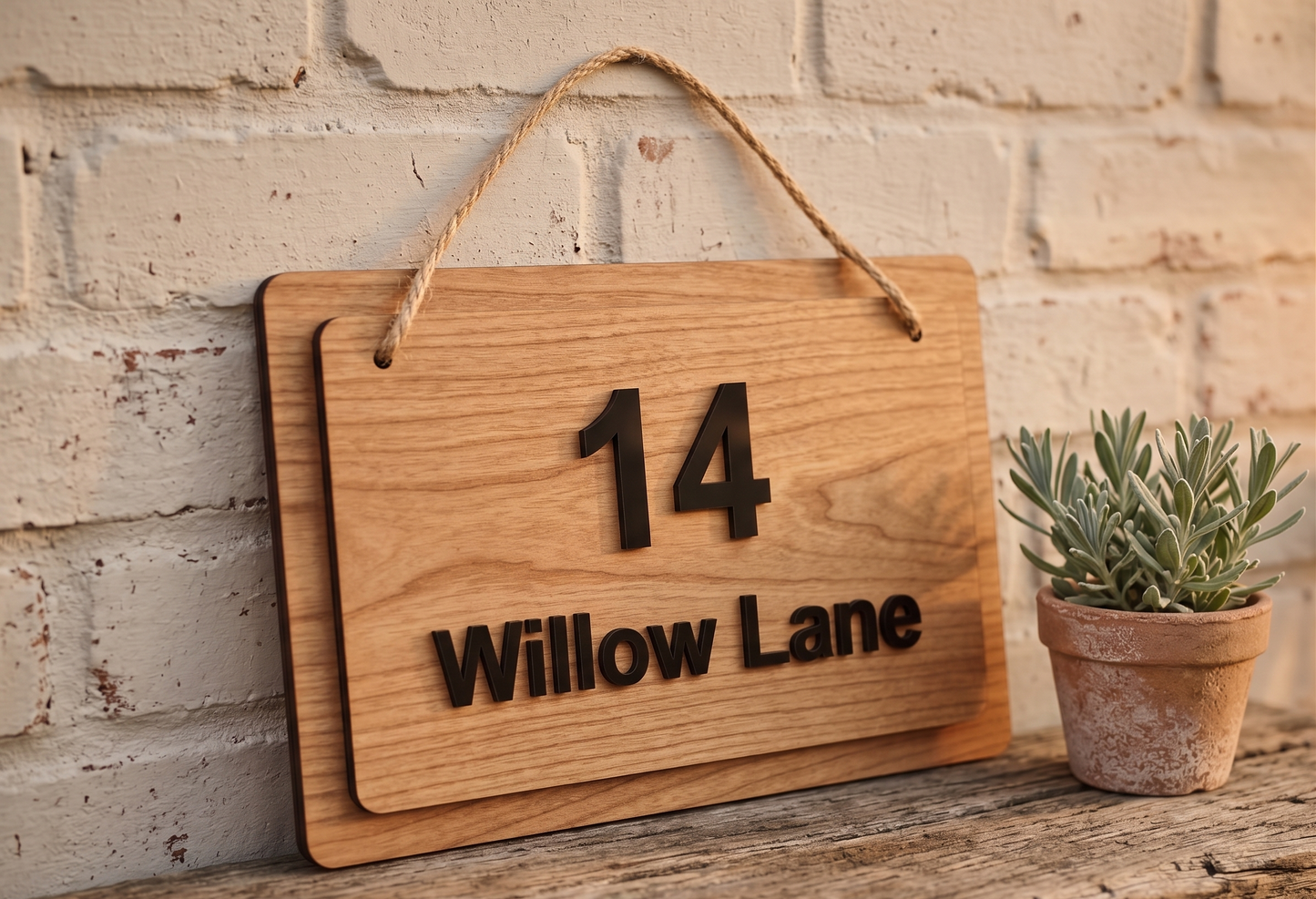 Personalised Wooden House Sign | Double Layer Birch Plywood & Acrylic Address Sign with Jute Rope