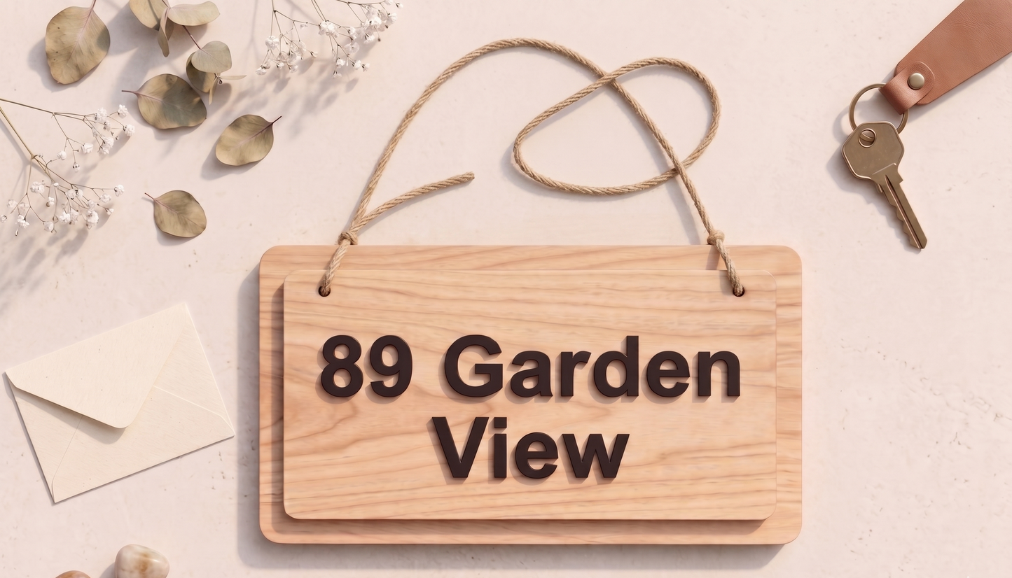Personalised Wooden House Sign | Double Layer Birch Plywood & Acrylic Address Sign with Jute Rope