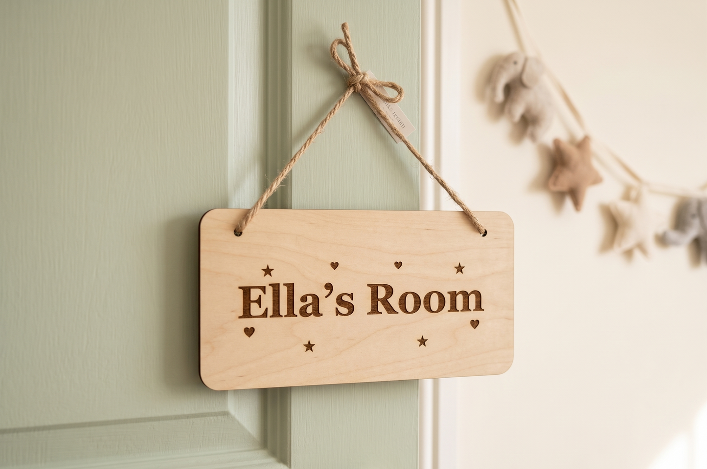 Personalised Kids Room Sign | Custom Engraved Birch Plywood Door Sign with Jute Rope