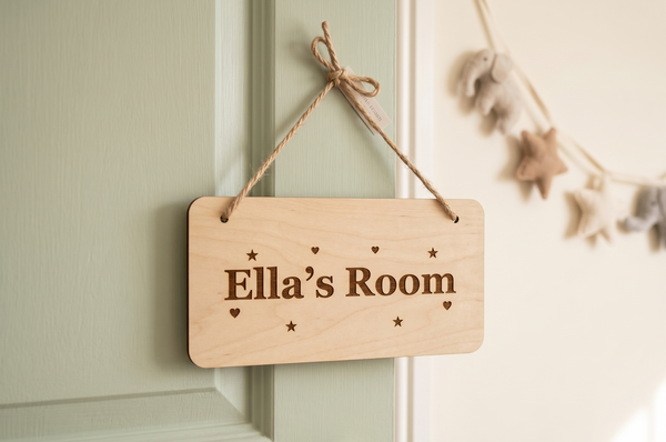 Personalised Kids Room Sign | Custom Engraved Birch Plywood Door Sign with Jute Rope