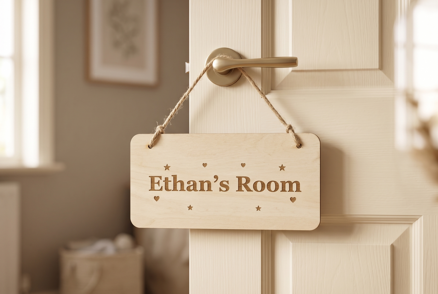 Personalised Kids Room Sign | Custom Engraved Birch Plywood Door Sign with Jute Rope
