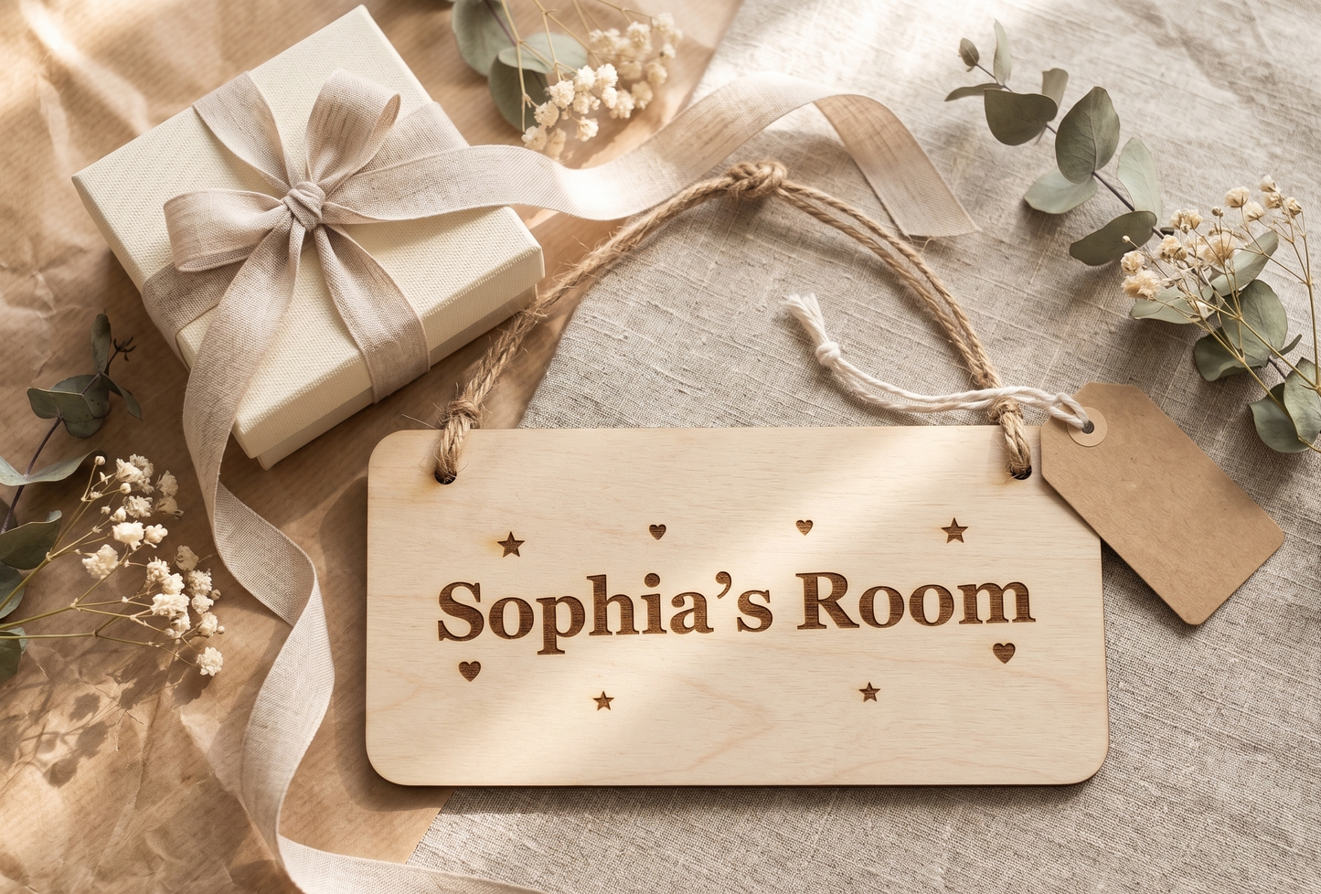 Personalised Kids Room Sign | Custom Engraved Birch Plywood Door Sign with Jute Rope