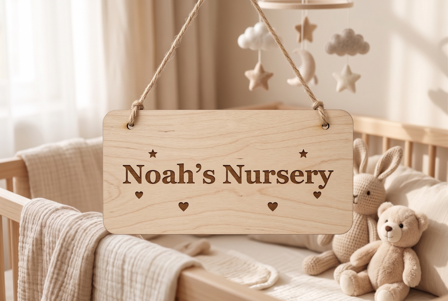 Personalised Kids Room Sign | Custom Engraved Birch Plywood Door Sign with Jute Rope