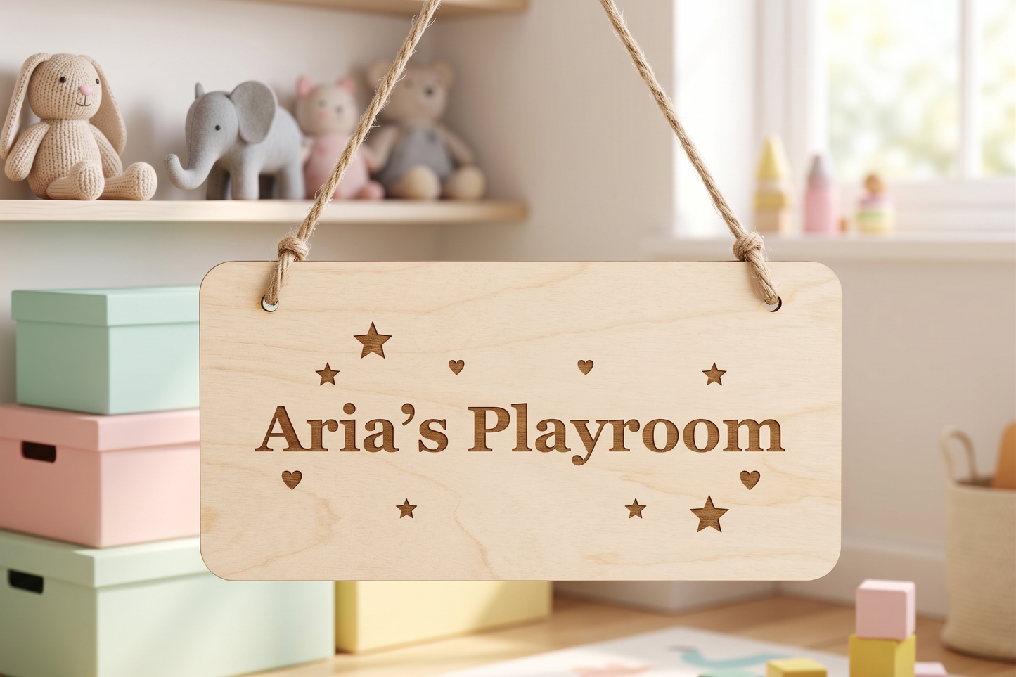 Personalised Kids Room Sign | Custom Engraved Birch Plywood Door Sign with Jute Rope