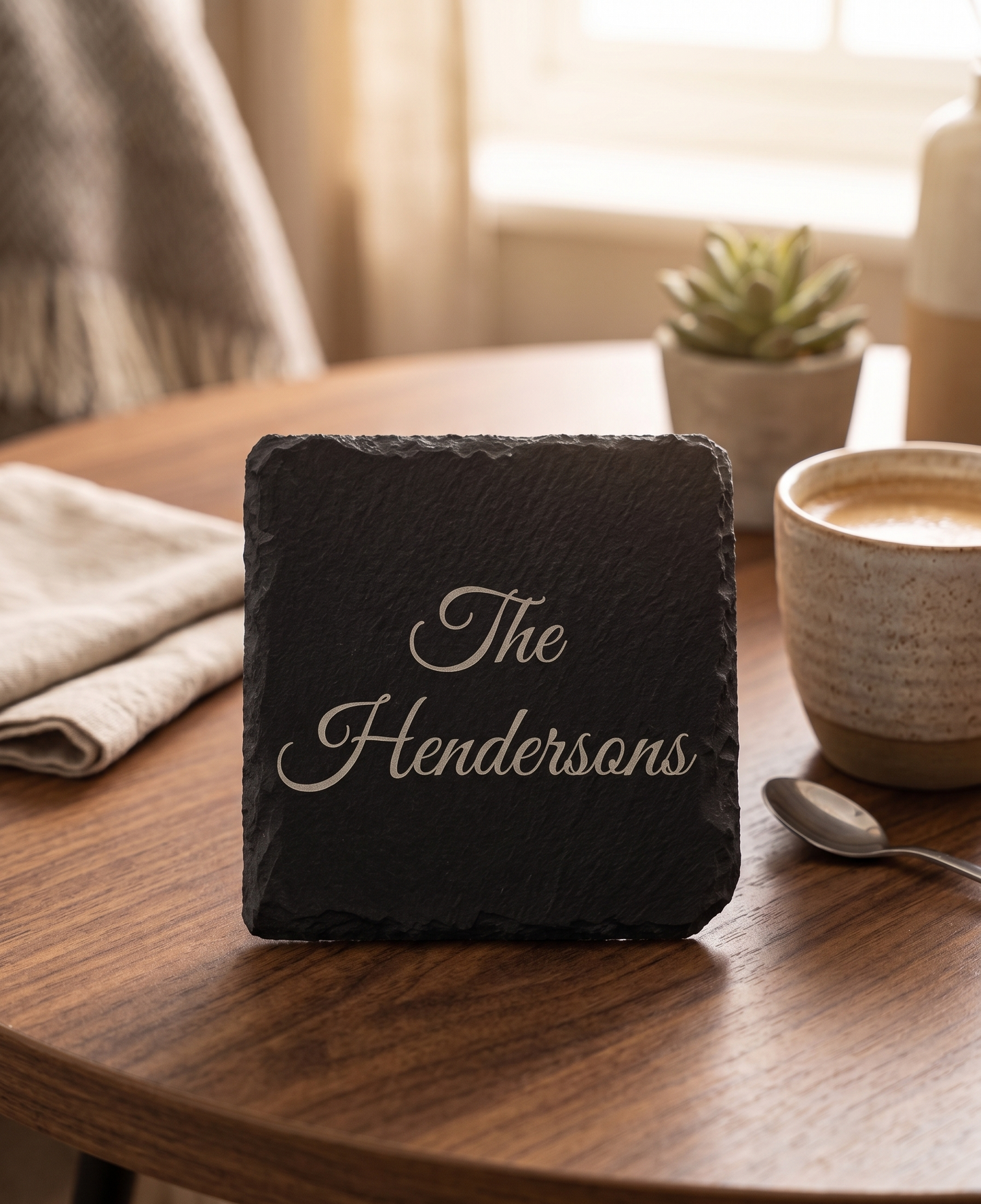 Personalised Slate Coasters (4-pack) | Custom Engraved Stone Coasters for Weddings, Homes, Cafés & Gifts