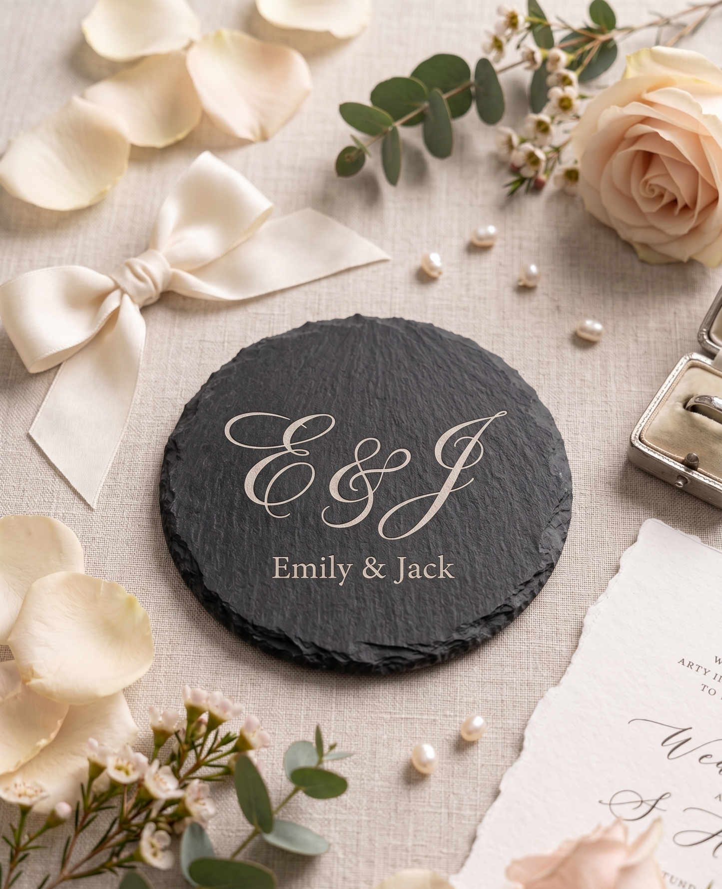 Personalised Slate Coasters (4-pack) | Custom Engraved Stone Coasters for Weddings, Homes, Cafés & Gifts