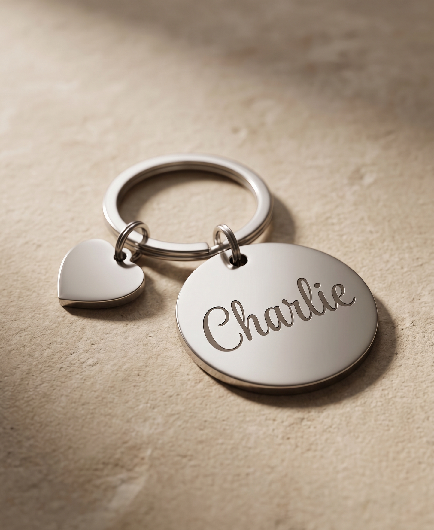 Personalised Round Metal Keychain | Custom Engraved Name Keyring with Heart Charm