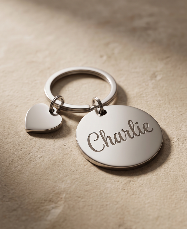 Personalised Round Metal Keychain | Custom Engraved Name Keyring with Heart Charm