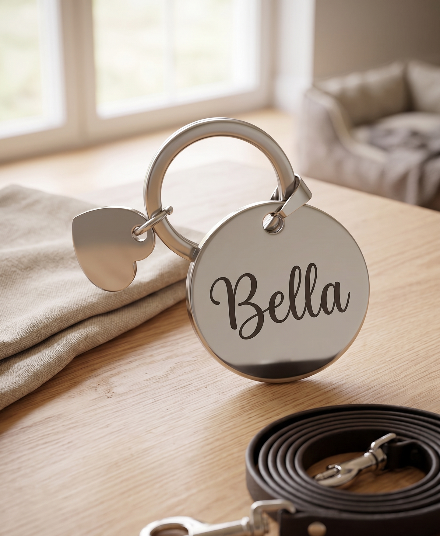 Personalised Round Metal Keychain | Custom Engraved Name Keyring with Heart Charm