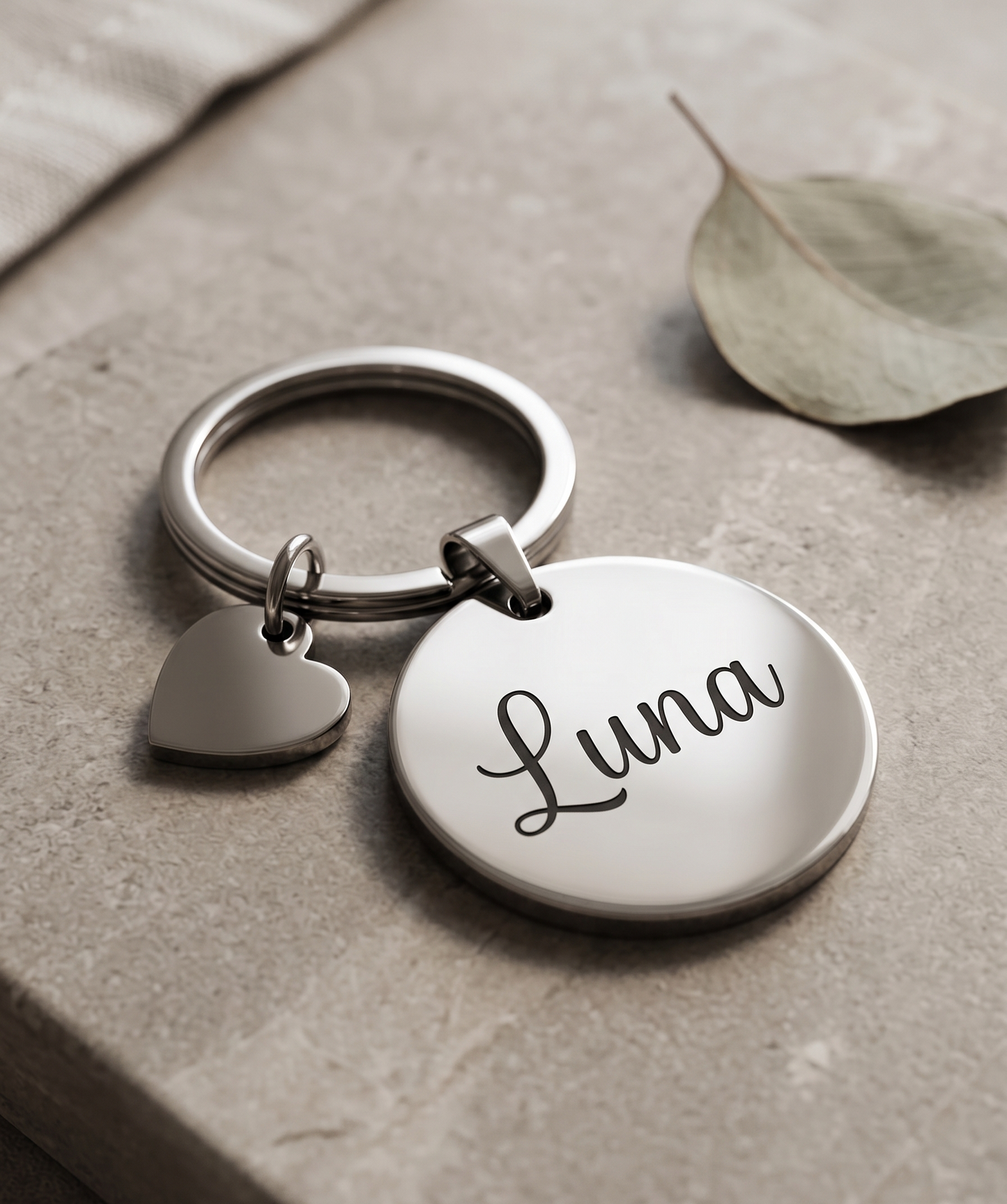 Personalised Round Metal Keychain | Custom Engraved Name Keyring with Heart Charm