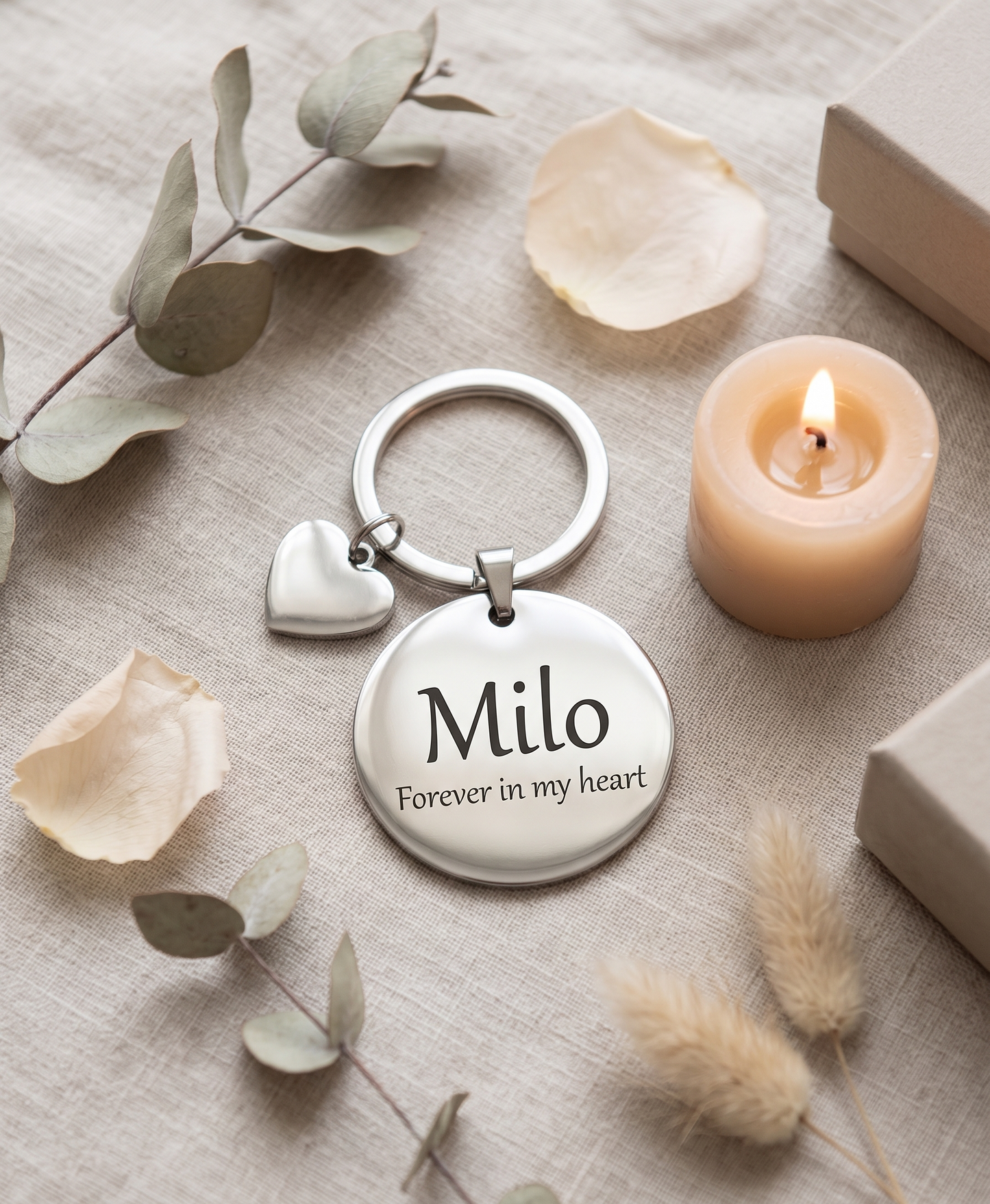 Personalised Round Metal Keychain | Custom Engraved Name Keyring with Heart Charm