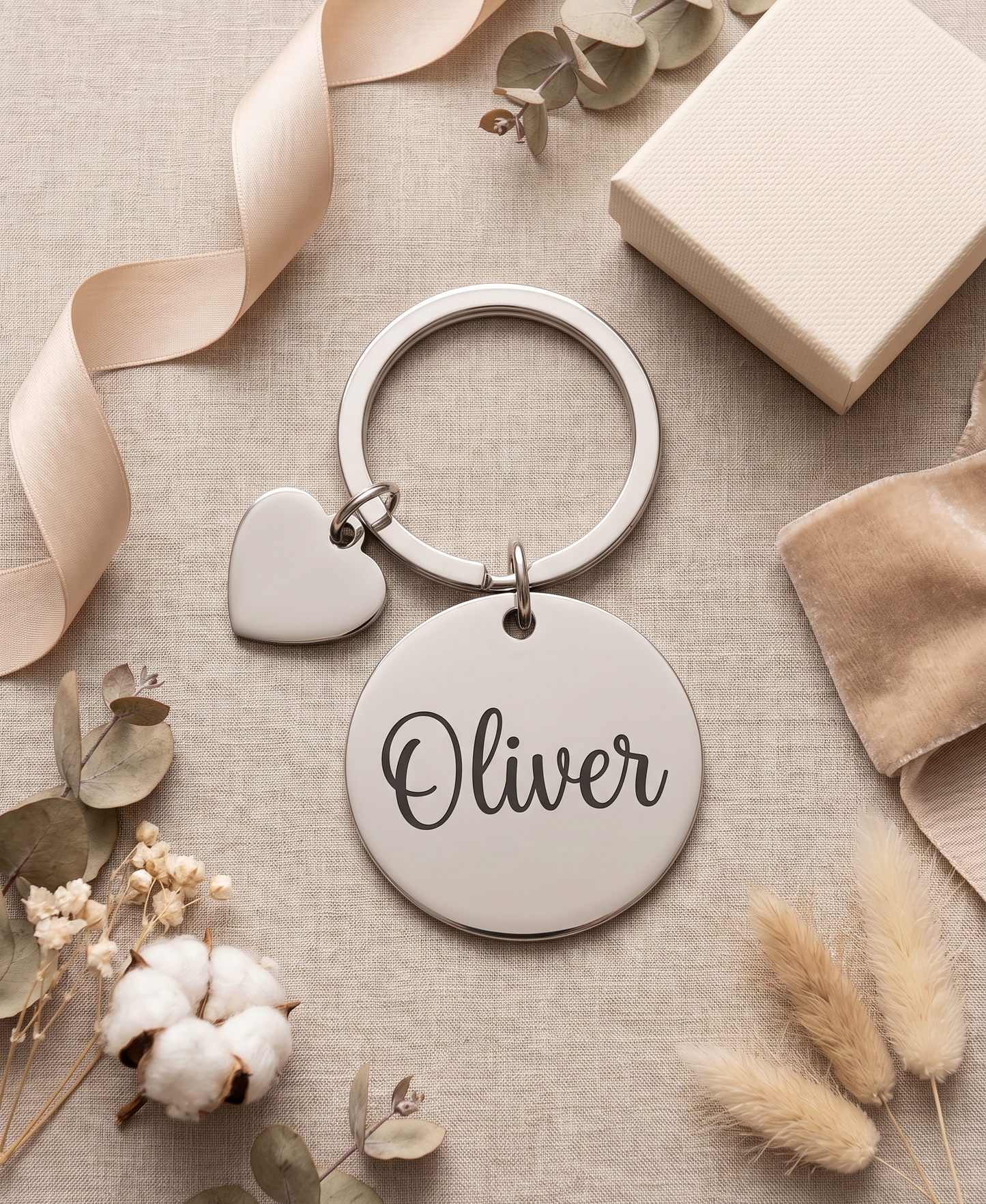 Personalised Round Metal Keychain | Custom Engraved Name Keyring with Heart Charm