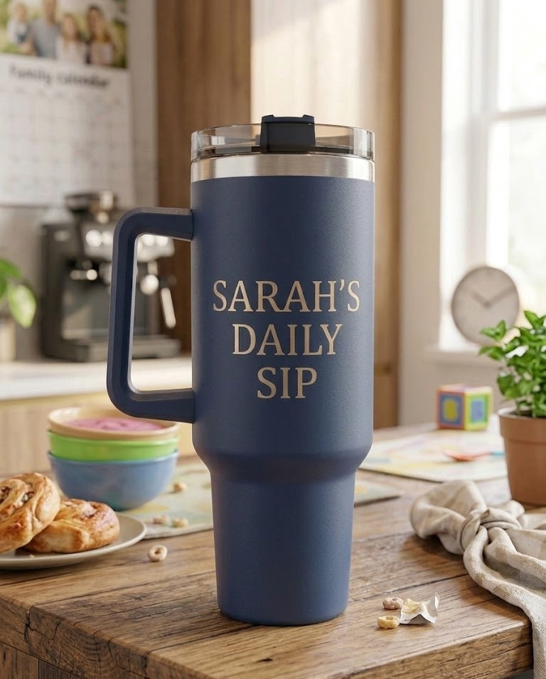 Personalised 40 oz Tumbler with Handle | Custom Engraved Leak Proof Travel Cup with Lid